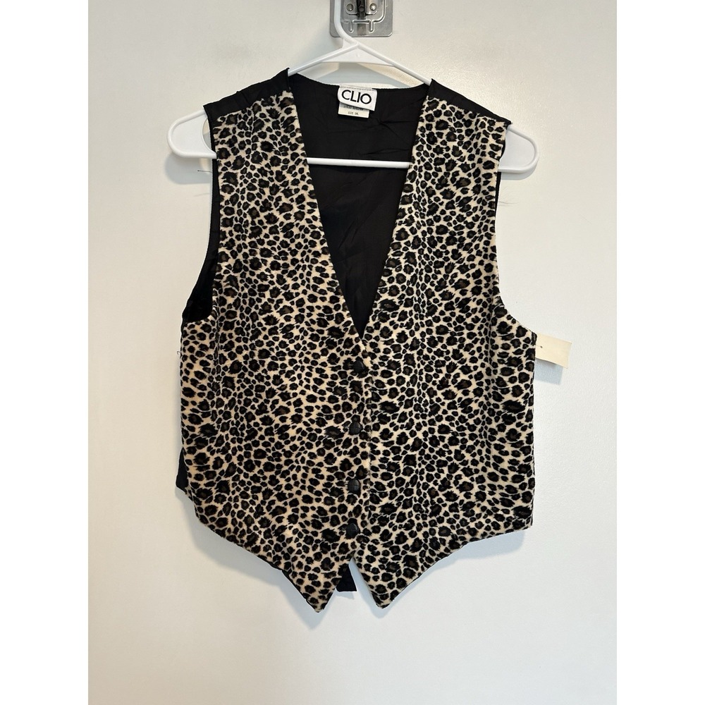 NWT VTG 80s/90s CLIO Microfiber Faux Fur leopard print tuxedo vest. Satin Back